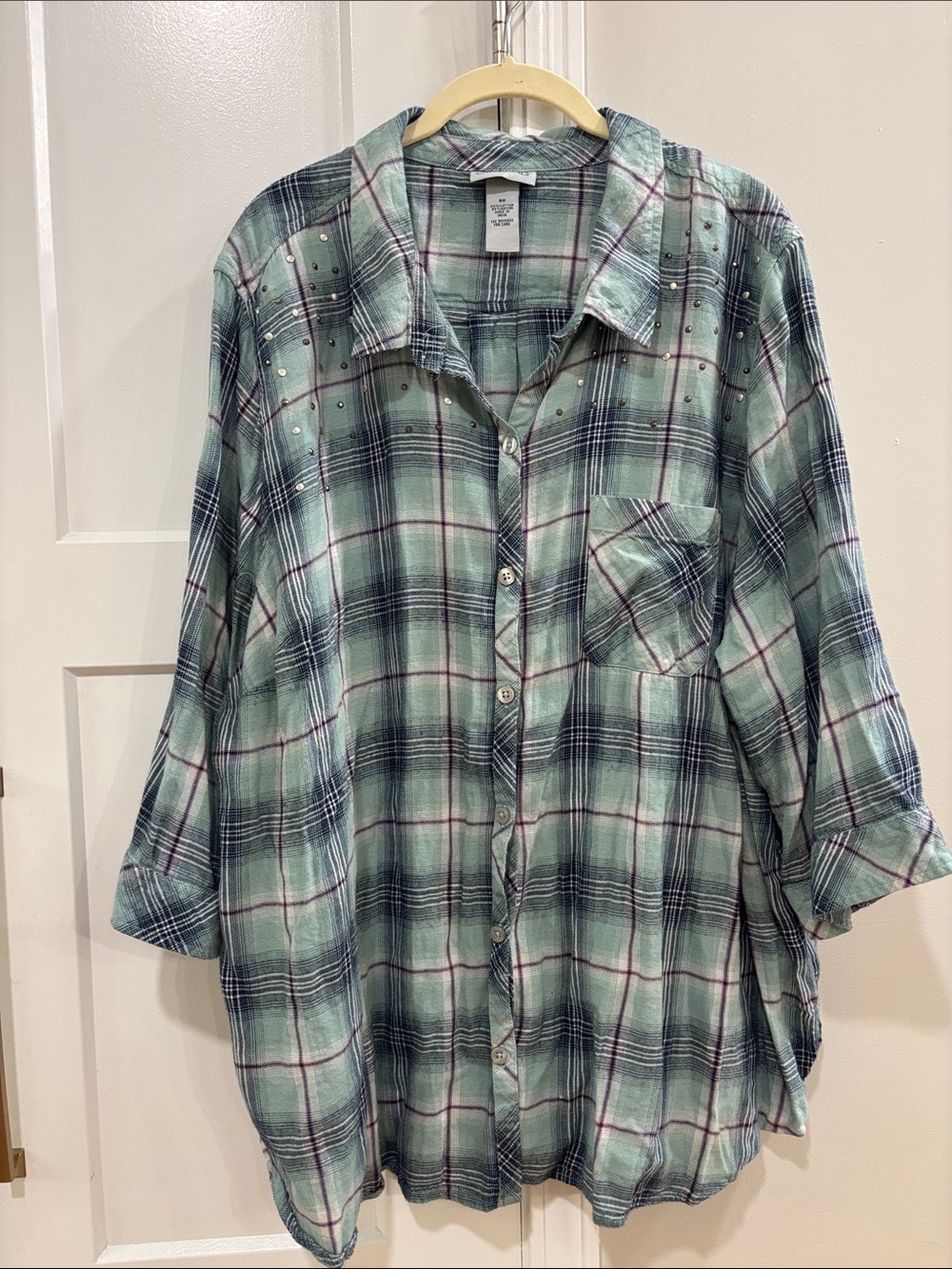 Catherines Mint Green Plaid Button-Down Shirt